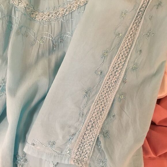 Double Decker Women’s Size Plus Light Turquoise Tunic Top with Embroidery Detail - Picture 8 of 11